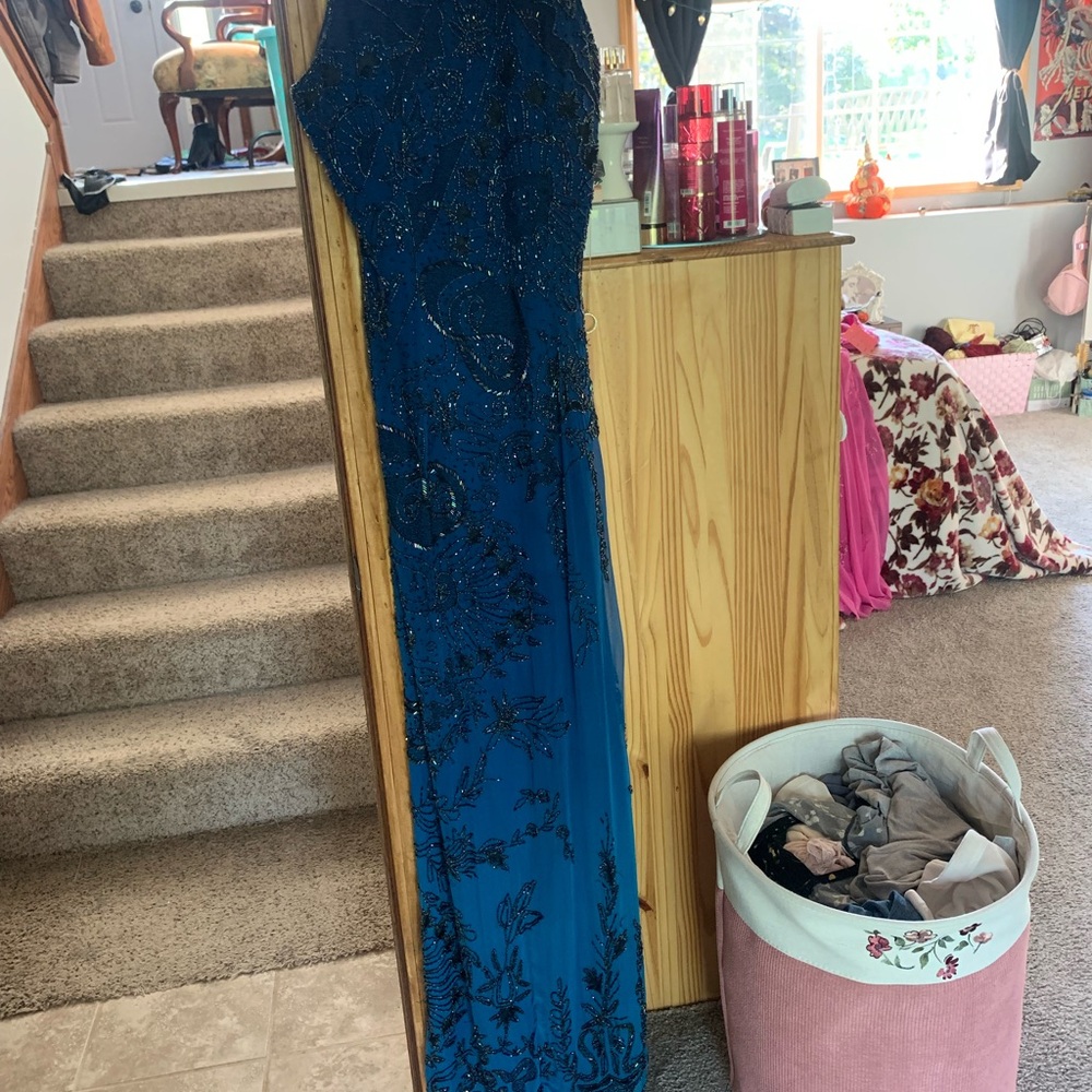 Vintage blue beaded gown 100% pure silk